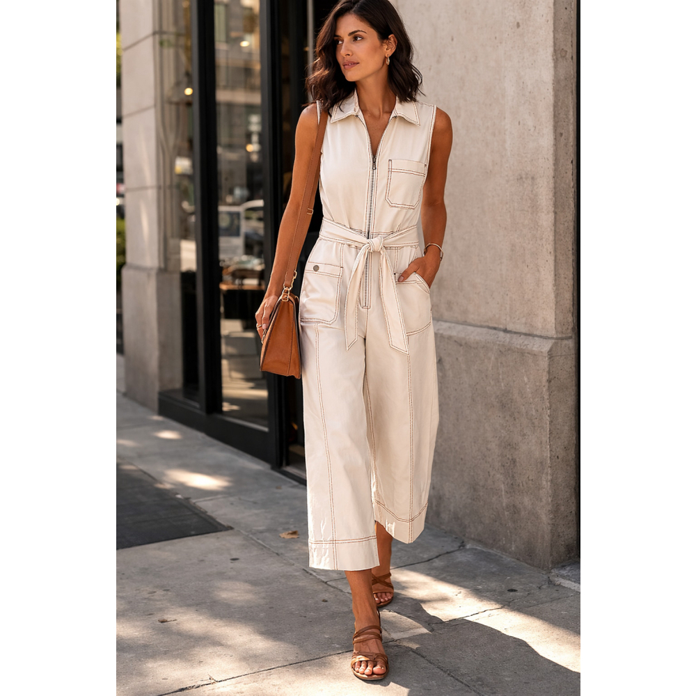 Sleeveless Utility Jumpsuit in Cream